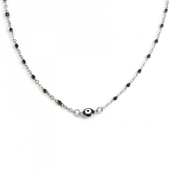 Picture of Stainless Steel Religious Link Cable Chain Findings Necklace Silver Tone Black Round Evil Eye Enamel 45.5cm - 45cm long, 1 Piece