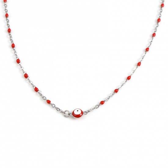 Picture of Stainless Steel Religious Link Cable Chain Findings Necklace Silver Tone Red Round Evil Eye Enamel 45.5cm - 45cm long, 1 Piece