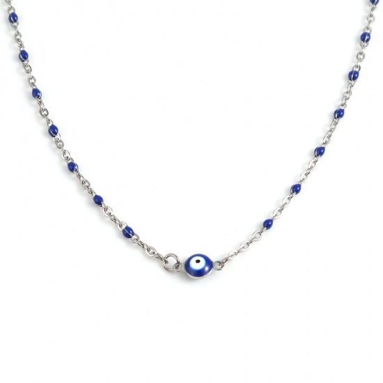 Picture of Stainless Steel Religious Link Cable Chain Findings Necklace Silver Tone Dark Blue Round Evil Eye Enamel 45.5cm - 45cm long, 1 Piece