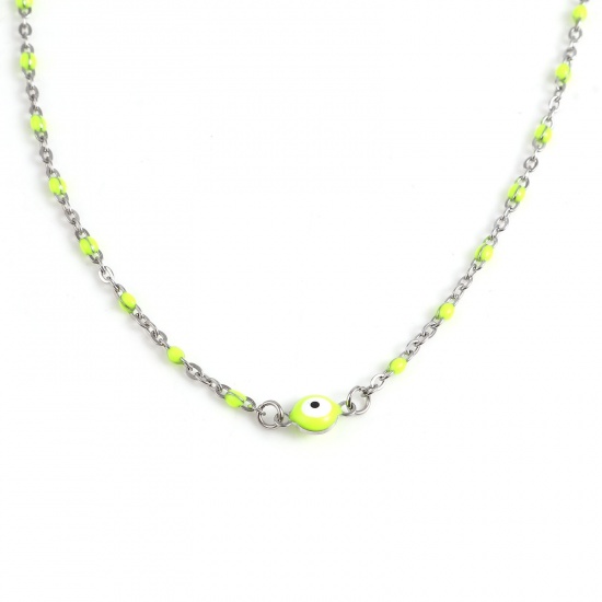 Picture of Stainless Steel Religious Link Cable Chain Findings Necklace Silver Tone Neon Yellow Round Evil Eye Enamel 45.5cm - 45cm long, 1 Piece
