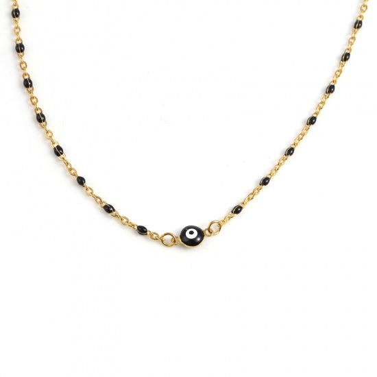 Picture of Stainless Steel Religious Link Cable Chain Findings Necklace Gold Plated Black Round Evil Eye Enamel 45.5cm - 45cm long, 1 Piece