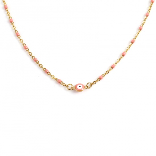 Picture of Stainless Steel Religious Link Cable Chain Findings Necklace Gold Plated Peach Pink Round Evil Eye Enamel 45.5cm - 45cm long, 1 Piece