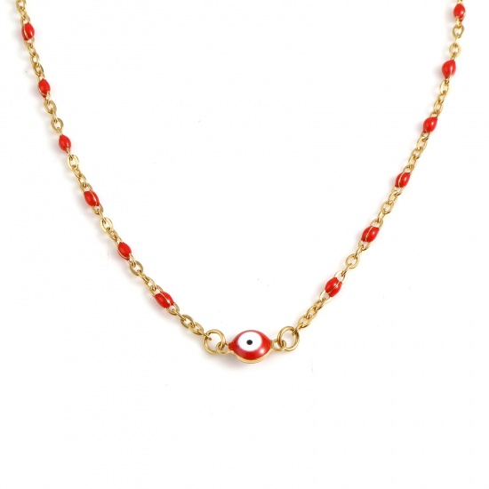 Picture of Stainless Steel Religious Link Cable Chain Findings Necklace Gold Plated Red Round Evil Eye Enamel 45.5cm - 45cm long, 1 Piece