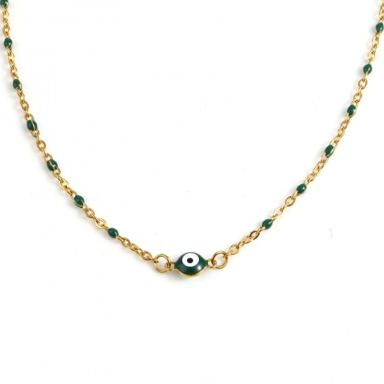 Picture of Stainless Steel Religious Link Cable Chain Findings Necklace Gold Plated Dark Green Round Evil Eye Enamel 45.5cm - 45cm long, 1 Piece