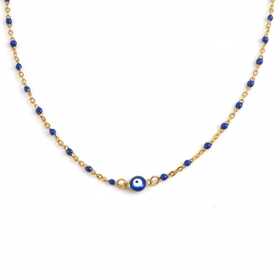 Picture of Stainless Steel Religious Link Cable Chain Findings Necklace Gold Plated Dark Blue Round Evil Eye Enamel 45.5cm - 45cm long, 1 Piece