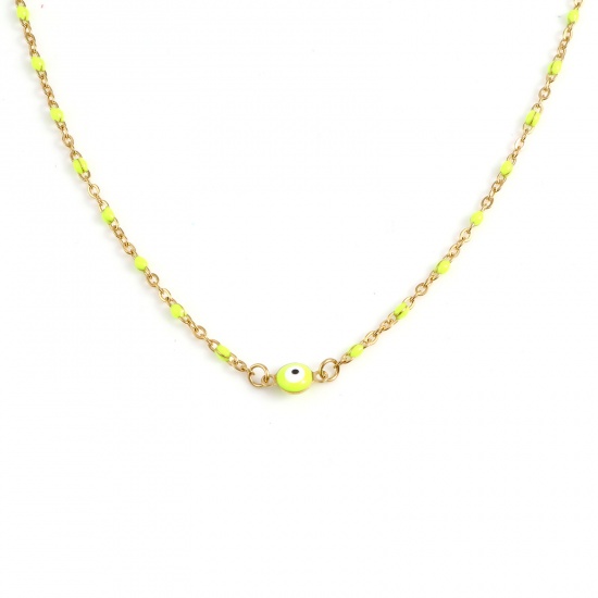 Picture of Stainless Steel Religious Link Cable Chain Findings Necklace Gold Plated Neon Yellow Round Evil Eye Enamel 45.5cm - 45cm long, 1 Piece
