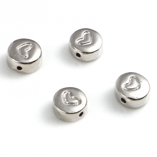 Picture of Zinc Based Alloy Valentine's Day Spacer Beads Flat Round Silver Tone Heart About 8mm Dia., Hole: Approx 1.2mm, 30 PCs