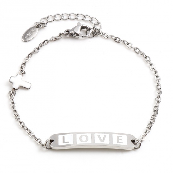 Picture of Stainless Steel Valentine's Day Link Cable Chain Bracelets Silver Tone White Oval Cross Word Message " LOVE " Enamel 17cm(6 6/8")-16.5cm(6 4/8") long, 1 Piece