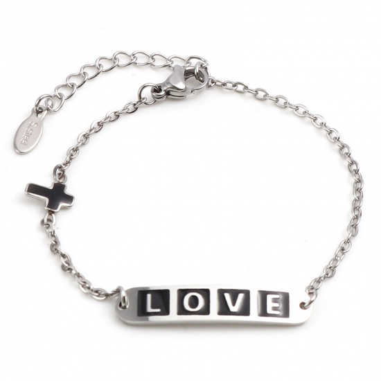 Picture of Stainless Steel Valentine's Day Link Cable Chain Bracelets Silver Tone Black Oval Cross Word Message " LOVE " Enamel 17cm(6 6/8")-16.5cm(6 4/8") long, 1 Piece