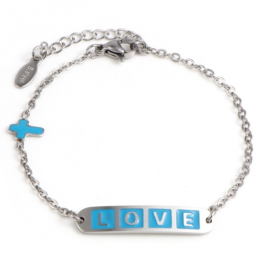 Picture of Stainless Steel Valentine's Day Link Cable Chain Bracelets Silver Tone Blue Oval Cross Word Message " LOVE " Enamel 17cm(6 6/8")-16.5cm(6 4/8") long, 1 Piece
