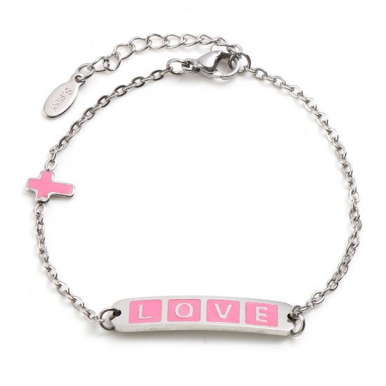 Picture of Stainless Steel Valentine's Day Link Cable Chain Bracelets Silver Tone Pink Oval Cross Word Message " LOVE " Enamel 17cm(6 6/8")-16.5cm(6 4/8") long, 1 Piece