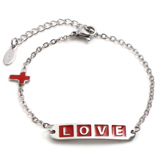 Picture of Stainless Steel Valentine's Day Link Cable Chain Bracelets Silver Tone Red Oval Cross Word Message " LOVE " Enamel 17cm(6 6/8")-16.5cm(6 4/8") long, 1 Piece