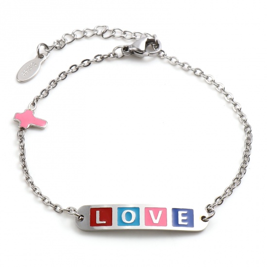 Picture of Stainless Steel Valentine's Day Link Cable Chain Bracelets Silver Tone Multicolor Oval Cross Word Message " LOVE " Enamel 17cm(6 6/8")-16.5cm(6 4/8") long, 1 Piece