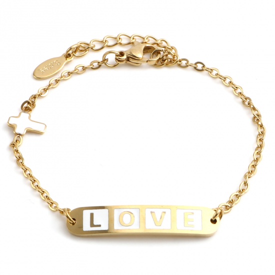Picture of Stainless Steel Valentine's Day Link Cable Chain Bracelets Gold Plated White Oval Cross Word Message " LOVE " Enamel 17cm(6 6/8")-16.5cm(6 4/8") long, 1 Piece