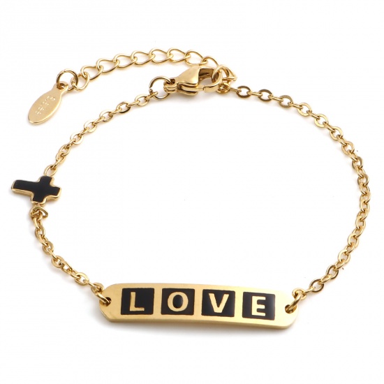 Picture of Stainless Steel Valentine's Day Link Cable Chain Bracelets Gold Plated Black Oval Cross Word Message " LOVE " Enamel 17cm(6 6/8")-16.5cm(6 4/8") long, 1 Piece