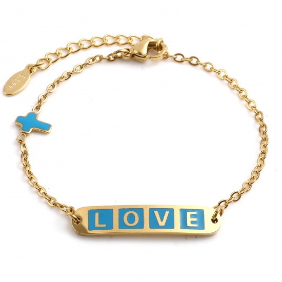 Picture of Stainless Steel Valentine's Day Link Cable Chain Bracelets Gold Plated Blue Oval Cross Word Message " LOVE " Enamel 17cm(6 6/8")-16.5cm(6 4/8") long, 1 Piece