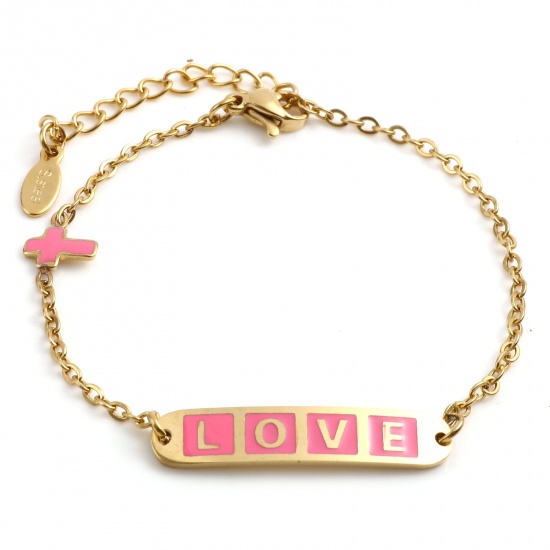 Picture of Stainless Steel Valentine's Day Link Cable Chain Bracelets Gold Plated Pink Oval Cross Word Message " LOVE " Enamel 17cm(6 6/8")-16.5cm(6 4/8") long, 1 Piece