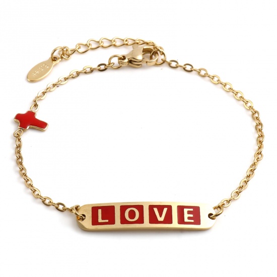 Picture of Stainless Steel Valentine's Day Link Cable Chain Bracelets Gold Plated Red Oval Cross Word Message " LOVE " Enamel 17cm(6 6/8")-16.5cm(6 4/8") long, 1 Piece