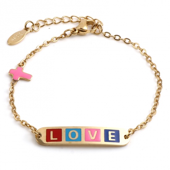 Picture of Stainless Steel Valentine's Day Link Cable Chain Bracelets Gold Plated Multicolor Oval Cross Word Message " LOVE " Enamel 17cm(6 6/8")-16.5cm(6 4/8") long, 1 Piece