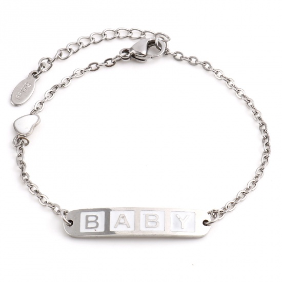 Picture of Stainless Steel Link Cable Chain Bracelets Silver Tone White Oval Heart Word Message " baby " Enamel 17cm(6 6/8")-16.5cm(6 4/8") long, 1 Piece