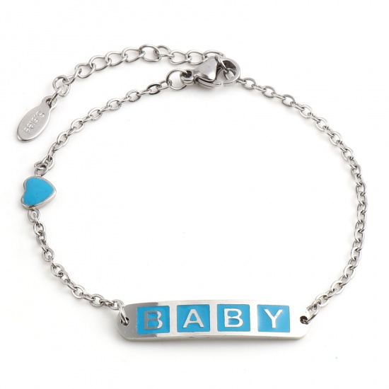 Picture of Stainless Steel Link Cable Chain Bracelets Silver Tone Blue Oval Heart Word Message " baby " Enamel 17cm(6 6/8")-16.5cm(6 4/8") long, 1 Piece