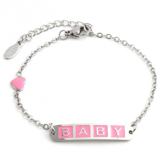 Picture of Stainless Steel Link Cable Chain Bracelets Silver Tone Pink Oval Heart Word Message " baby " Enamel 17cm(6 6/8")-16.5cm(6 4/8") long, 1 Piece