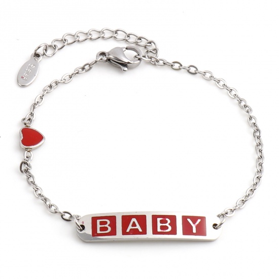 Picture of Stainless Steel Link Cable Chain Bracelets Silver Tone Red Oval Heart Word Message " baby " Enamel 17cm(6 6/8")-16.5cm(6 4/8") long, 1 Piece