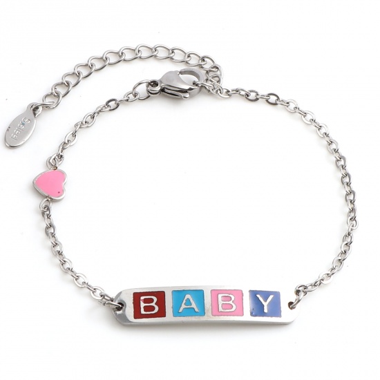 Picture of Stainless Steel Link Cable Chain Bracelets Silver Tone Multicolor Oval Heart Word Message " baby " Enamel 17cm(6 6/8")-16.5cm(6 4/8") long, 1 Piece
