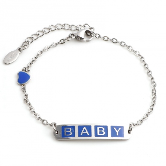Picture of Stainless Steel Link Cable Chain Bracelets Silver Tone Dark Blue Oval Heart Word Message " baby " Enamel 17cm(6 6/8")-16.5cm(6 4/8") long, 1 Piece