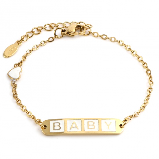 Picture of Stainless Steel Link Cable Chain Bracelets Gold Plated White Oval Heart Word Message " baby " Enamel 17cm(6 6/8")-16.5cm(6 4/8") long, 1 Piece