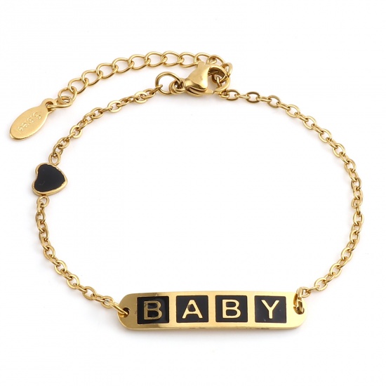 Picture of Stainless Steel Link Cable Chain Bracelets Gold Plated Black Oval Heart Word Message " baby " Enamel 17cm(6 6/8")-16.5cm(6 4/8") long, 1 Piece