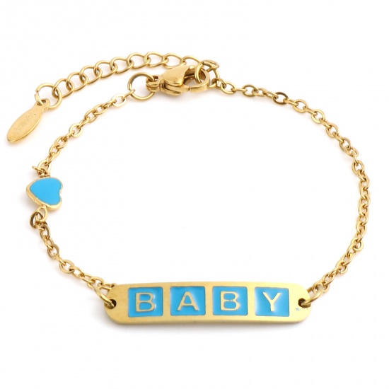 Picture of Stainless Steel Link Cable Chain Bracelets Gold Plated Blue Oval Heart Word Message " baby " Enamel 17cm(6 6/8")-16.5cm(6 4/8") long, 1 Piece