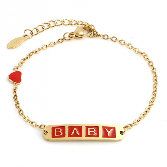 Picture of Stainless Steel Link Cable Chain Bracelets Gold Plated Red Oval Heart Word Message " baby " Enamel 17cm(6 6/8")-16.5cm(6 4/8") long, 1 Piece
