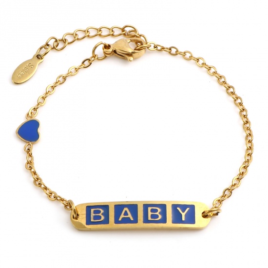 Picture of Stainless Steel Link Cable Chain Bracelets Gold Plated Dark Blue Oval Heart Word Message " baby " Enamel 17cm(6 6/8")-16.5cm(6 4/8") long, 1 Piece