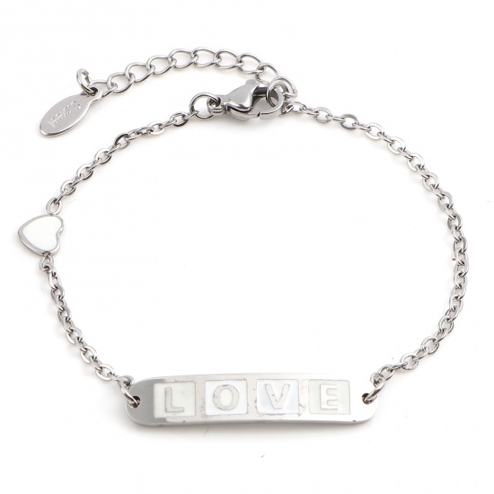 Picture of Stainless Steel Valentine's Day Link Cable Chain Bracelets Silver Tone White Oval Heart Word Message " LOVE " Enamel 17cm(6 6/8")-16.5cm(6 4/8") long, 1 Piece