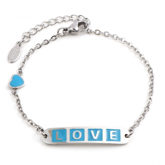 Picture of Stainless Steel Valentine's Day Link Cable Chain Bracelets Silver Tone Blue Oval Heart Word Message " LOVE " Enamel 17cm(6 6/8")-16.5cm(6 4/8") long, 1 Piece