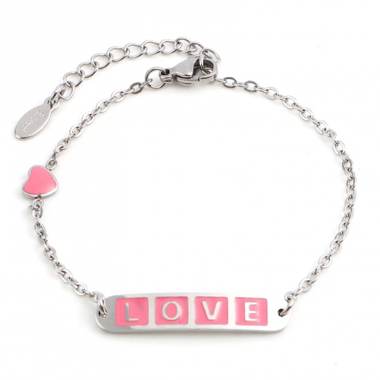 Picture of Stainless Steel Valentine's Day Link Cable Chain Bracelets Silver Tone Pink Oval Heart Word Message " LOVE " Enamel 17cm(6 6/8")-16.5cm(6 4/8") long, 1 Piece