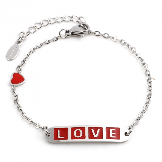 Picture of Stainless Steel Valentine's Day Link Cable Chain Bracelets Silver Tone Red Oval Heart Word Message " LOVE " Enamel 17cm(6 6/8")-16.5cm(6 4/8") long, 1 Piece