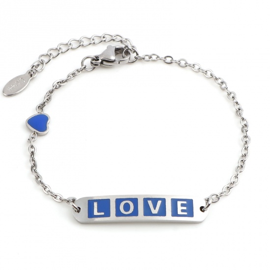 Picture of Stainless Steel Valentine's Day Link Cable Chain Bracelets Silver Tone Dark Blue Oval Heart Word Message " LOVE " Enamel 17cm(6 6/8")-16.5cm(6 4/8") long, 1 Piece
