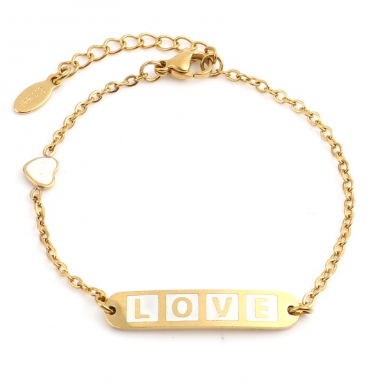 Picture of Stainless Steel Valentine's Day Link Cable Chain Bracelets Gold Plated White Oval Heart Word Message " LOVE " Enamel 17cm(6 6/8")-16.5cm(6 4/8") long, 1 Piece