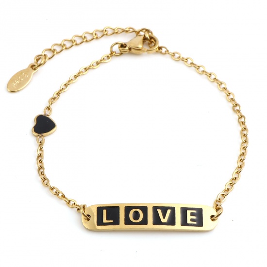 Picture of Stainless Steel Valentine's Day Link Cable Chain Bracelets Gold Plated Black Oval Heart Word Message " LOVE " Enamel 17cm(6 6/8")-16.5cm(6 4/8") long, 1 Piece