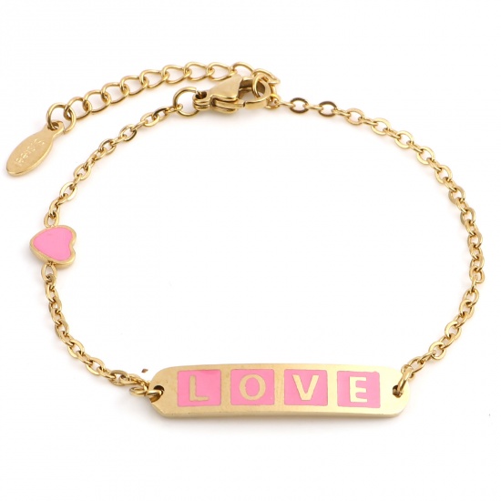Picture of Stainless Steel Valentine's Day Link Cable Chain Bracelets Gold Plated Pink Oval Heart Word Message " LOVE " Enamel 17cm(6 6/8")-16.5cm(6 4/8") long, 1 Piece