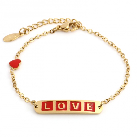 Picture of Stainless Steel Valentine's Day Link Cable Chain Bracelets Gold Plated Red Oval Heart Word Message " LOVE " Enamel 17cm(6 6/8")-16.5cm(6 4/8") long, 1 Piece