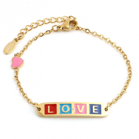 Picture of Stainless Steel Valentine's Day Link Cable Chain Bracelets Gold Plated Multicolor Oval Heart Word Message " LOVE " Enamel 17cm(6 6/8")-16.5cm(6 4/8") long, 1 Piece