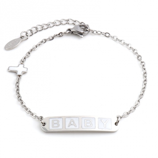 Picture of Stainless Steel Link Cable Chain Bracelets Silver Tone White Oval Cross Word Message " baby " Enamel 17cm(6 6/8")-16.5cm(6 4/8") long, 1 Piece