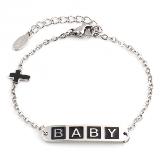 Picture of Stainless Steel Link Cable Chain Bracelets Silver Tone Black Oval Cross Word Message " baby " Enamel 17cm(6 6/8")-16.5cm(6 4/8") long, 1 Piece
