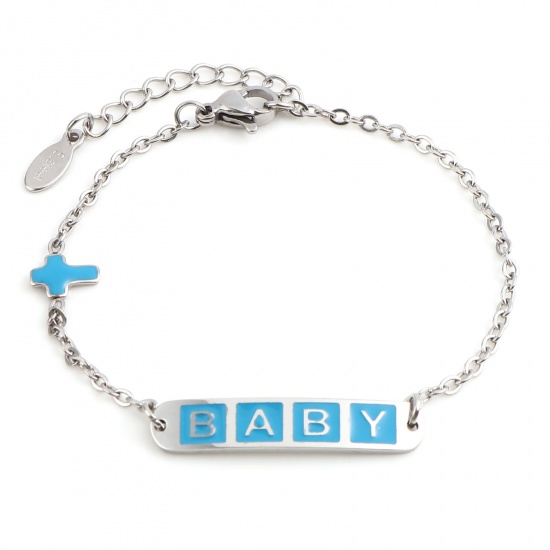 Picture of Stainless Steel Link Cable Chain Bracelets Silver Tone Blue Oval Cross Word Message " baby " Enamel 17cm(6 6/8")-16.5cm(6 4/8") long, 1 Piece