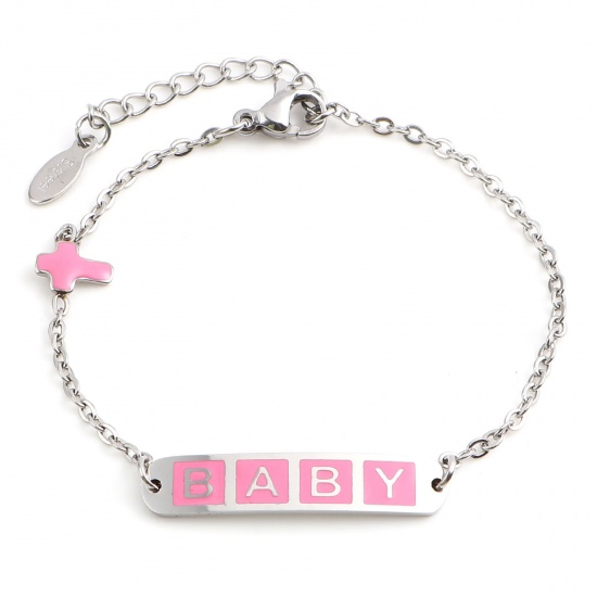 Picture of Stainless Steel Link Cable Chain Bracelets Silver Tone Pink Oval Cross Word Message " baby " Enamel 17cm(6 6/8")-16.5cm(6 4/8") long, 1 Piece