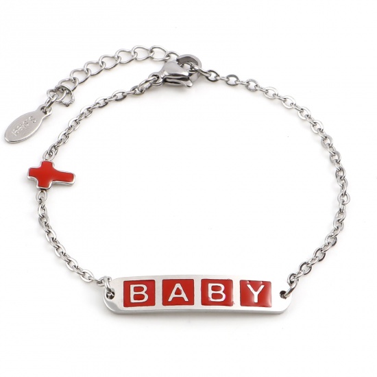 Picture of Stainless Steel Link Cable Chain Bracelets Silver Tone Red Oval Cross Word Message " baby " Enamel 17cm(6 6/8")-16.5cm(6 4/8") long, 1 Piece