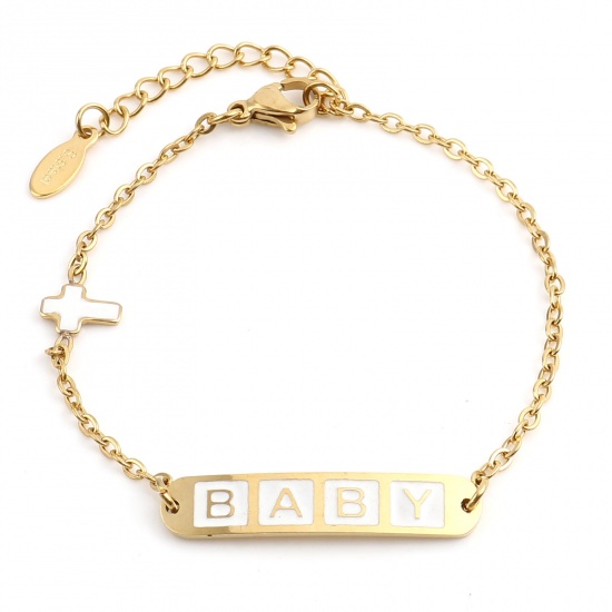 Picture of Stainless Steel Link Cable Chain Bracelets Gold Plated White Oval Cross Word Message " baby " Enamel 17cm(6 6/8")-16.5cm(6 4/8") long, 1 Piece